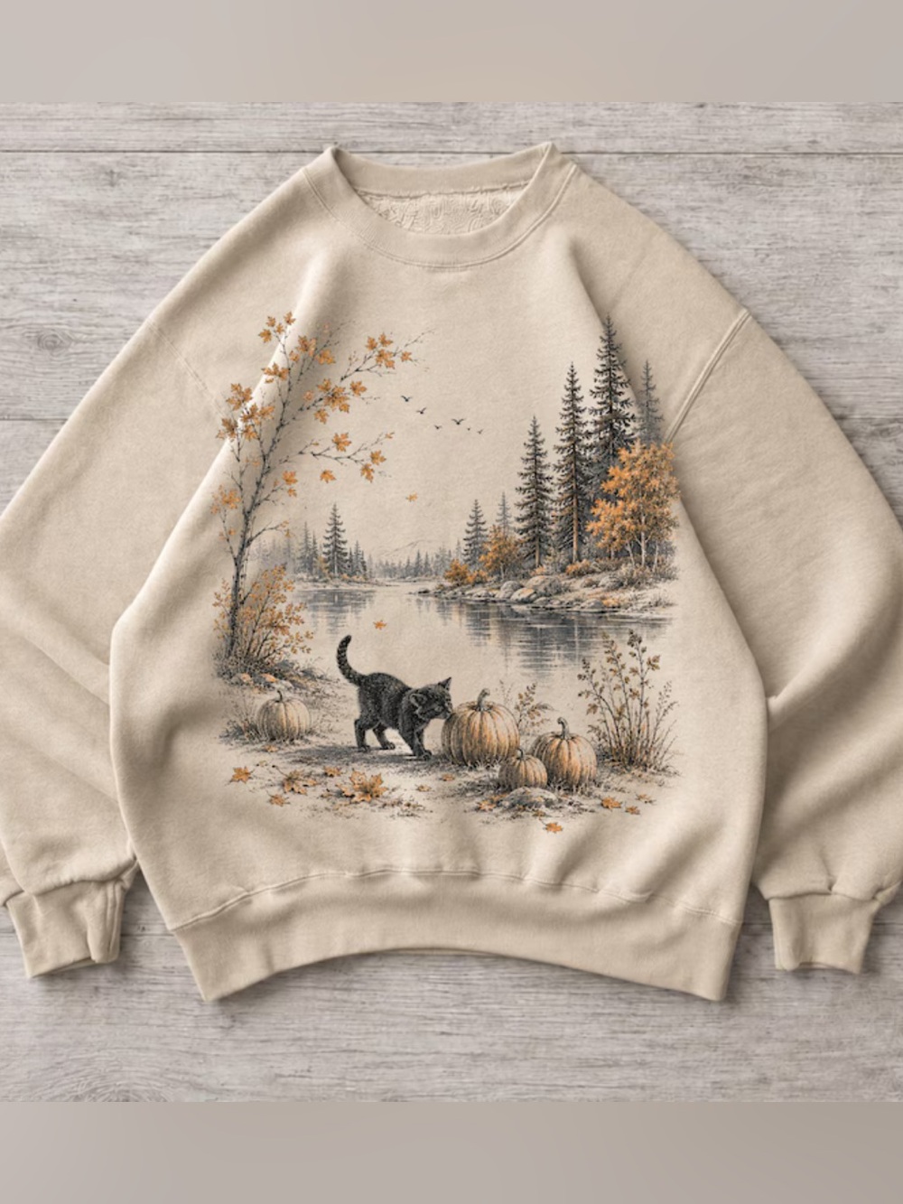 Sand Cute Cat & Pumpkin Scenic Sweatshirt for Unisex Vintage 70s Style